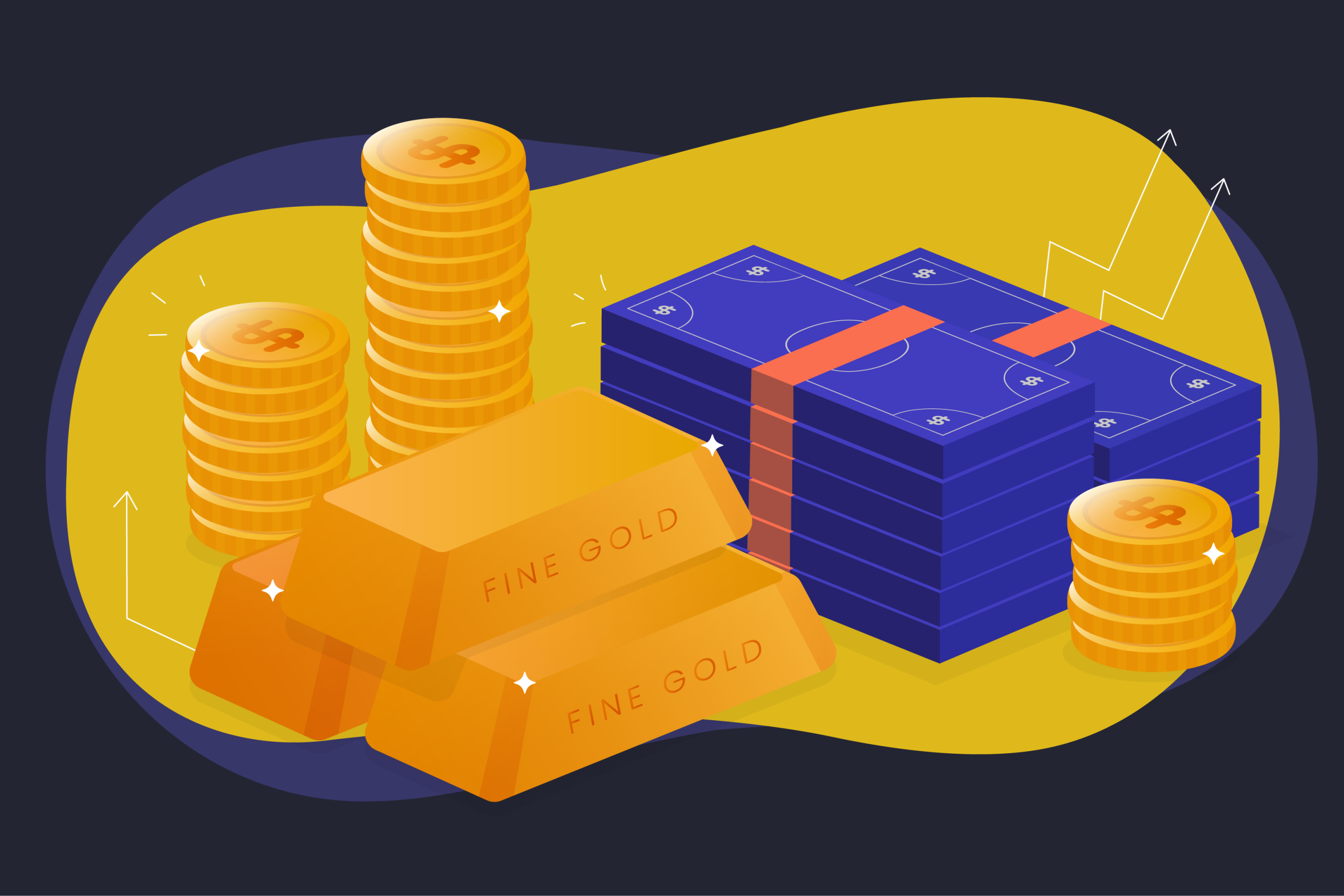 Illustration von Goldbarren und Münzstapeln