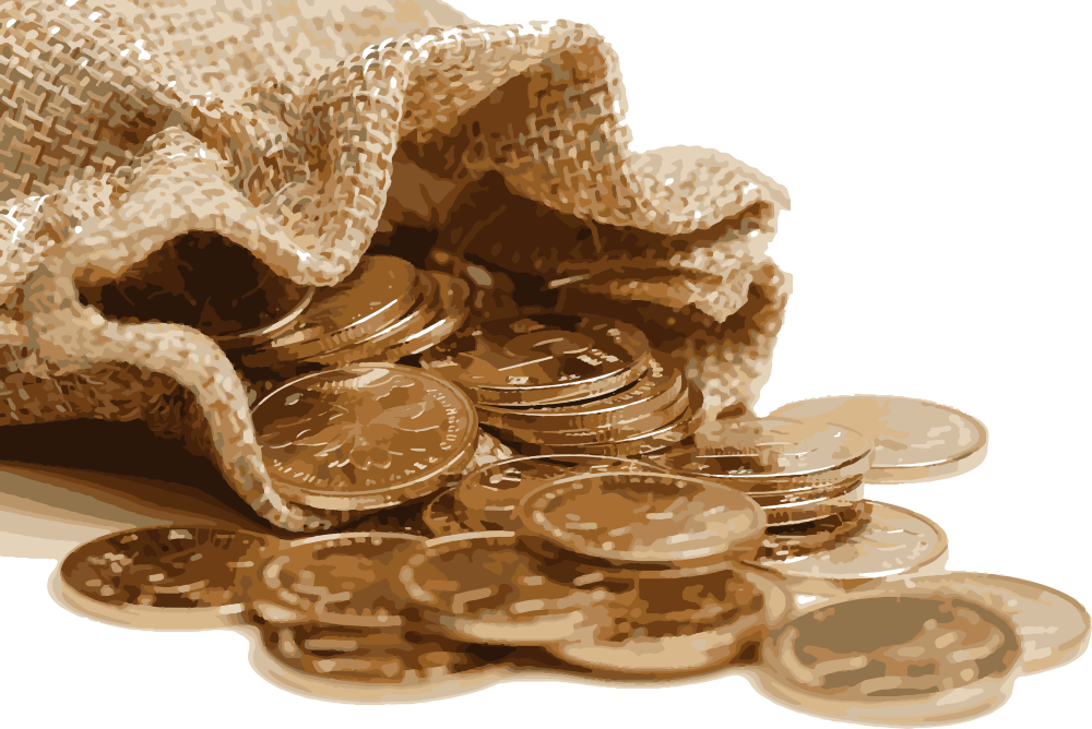 Goldmünzen aus einem Stoffbeutel